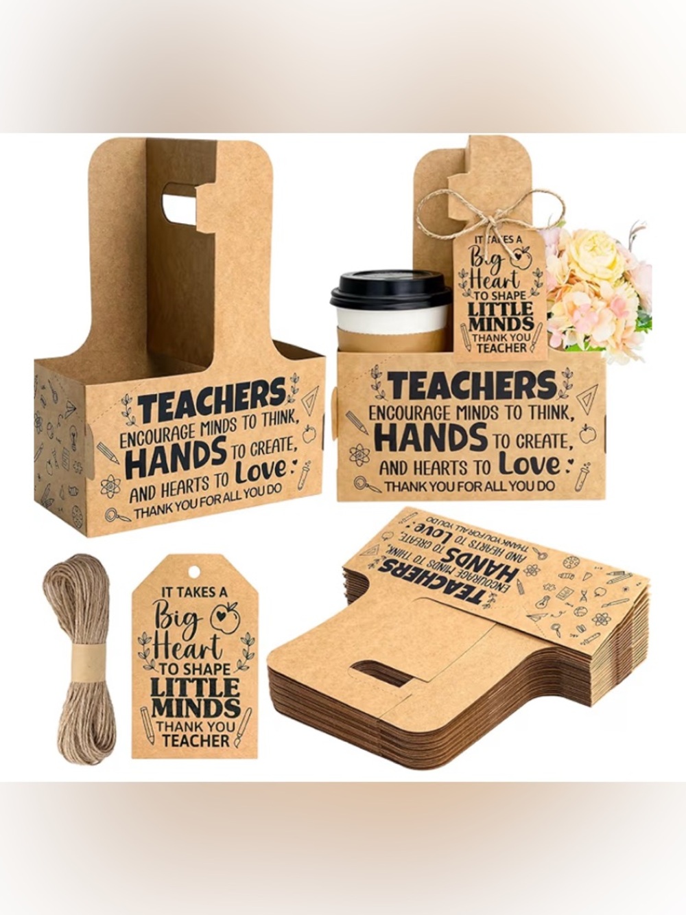 ❤️New - Teacher Appreciation Gift Set 24pc – Kraft Cup Holder w/Tags & Ribbon🍎✏️